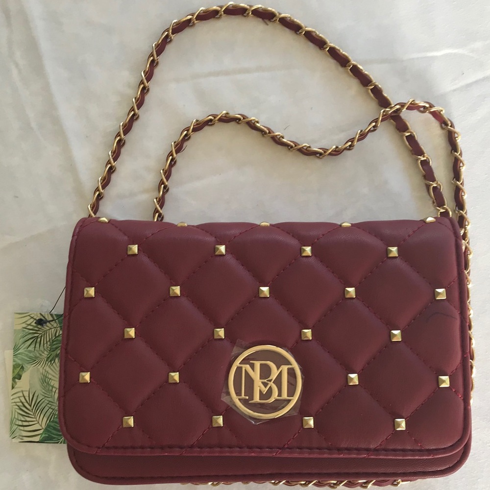 Badgley Mischka Burgundy Quilted Clutch with Gold Accents